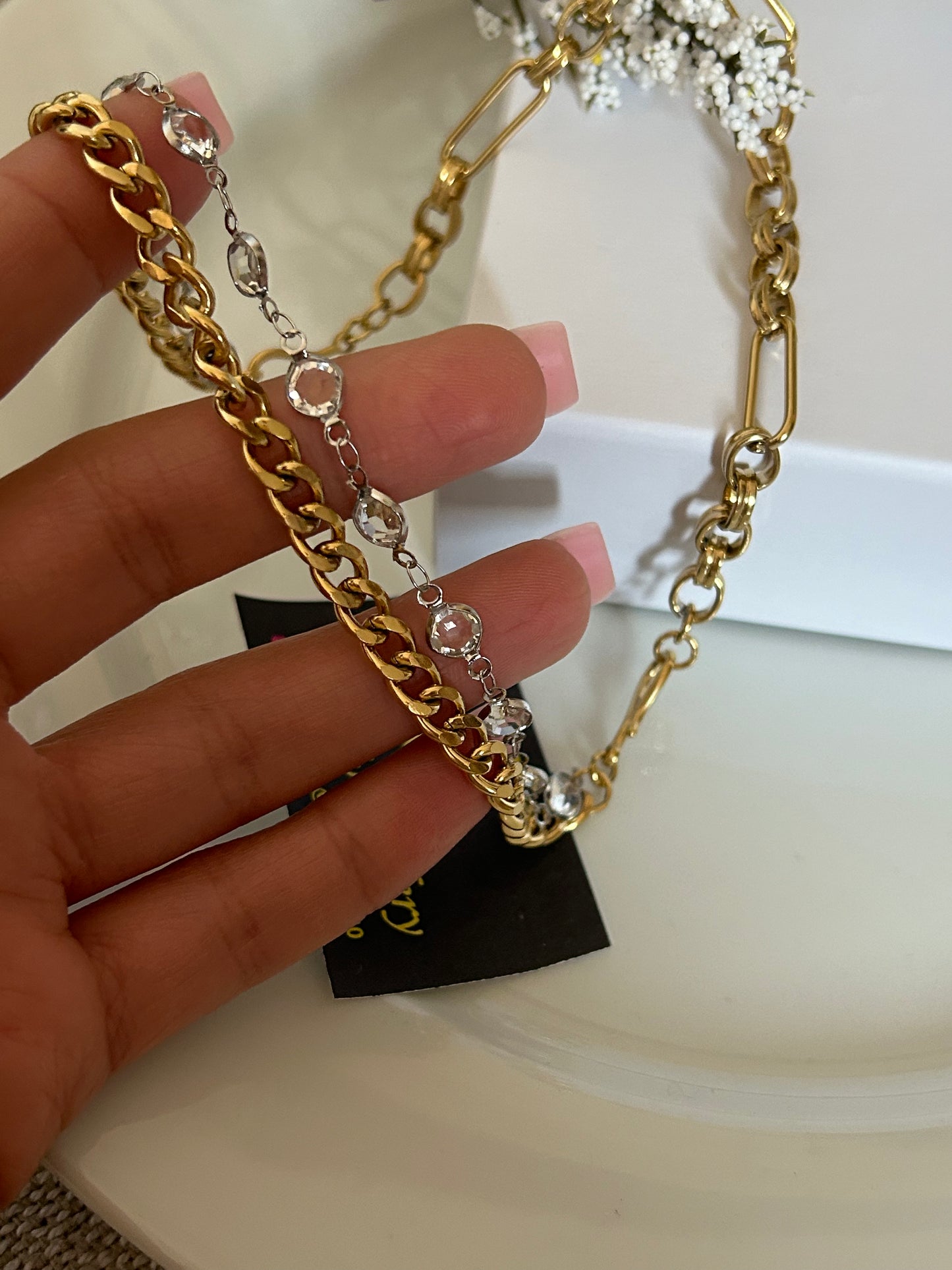 Αλυσίδα χρυσή interesting με διαμαντάκια ασημένια