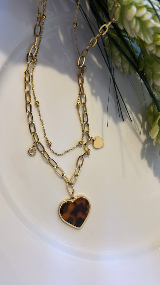 Κολιέ διπλή αλυσίδα με καρδούλα animal print