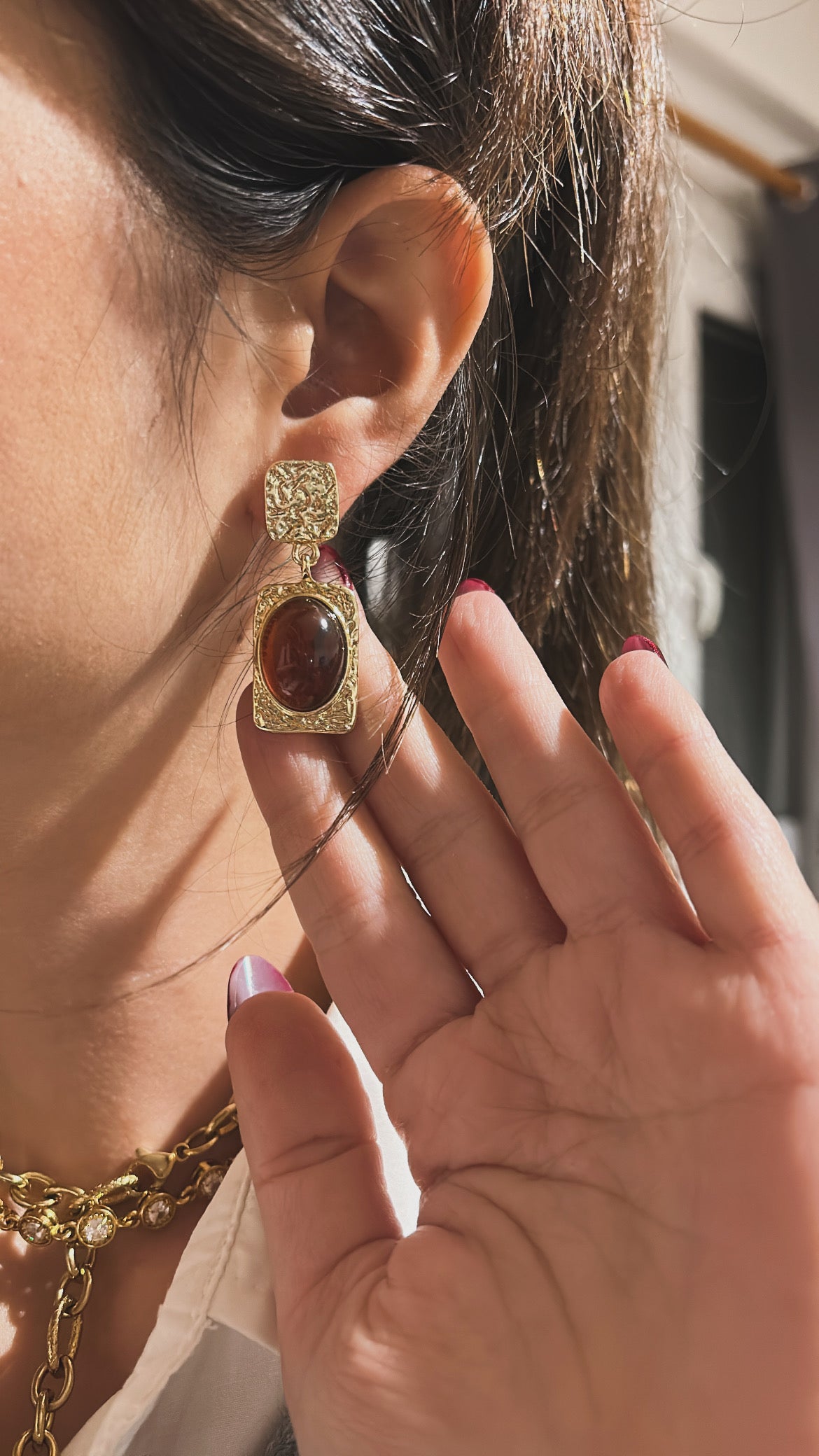 Σκουλαρίκι vintage με καφέ πέτρα